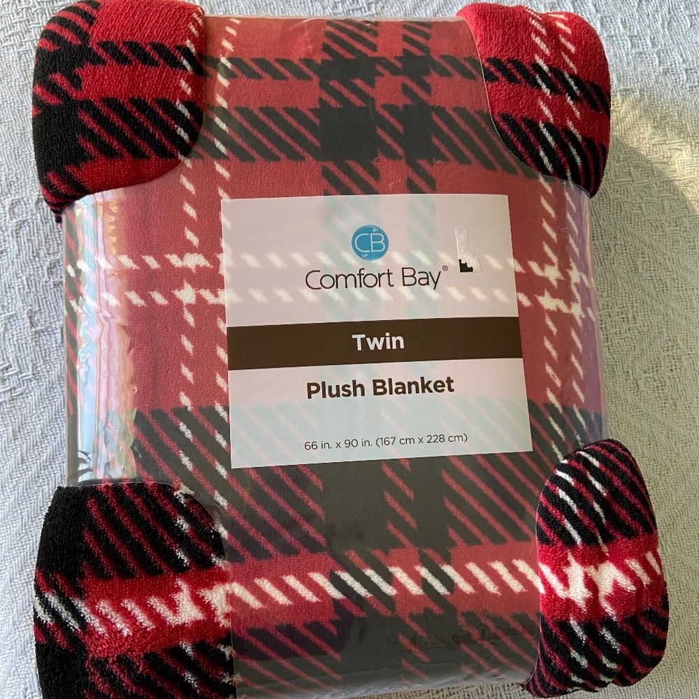 Brand New Plush Twin Blanket; Red, Black, and White Plaid; In Original Packaging